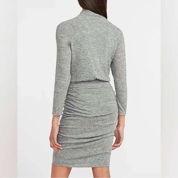 Express grey fitted mini long sleeve mock neck ruched dress NEW NWT size small - Picture 2 of 4